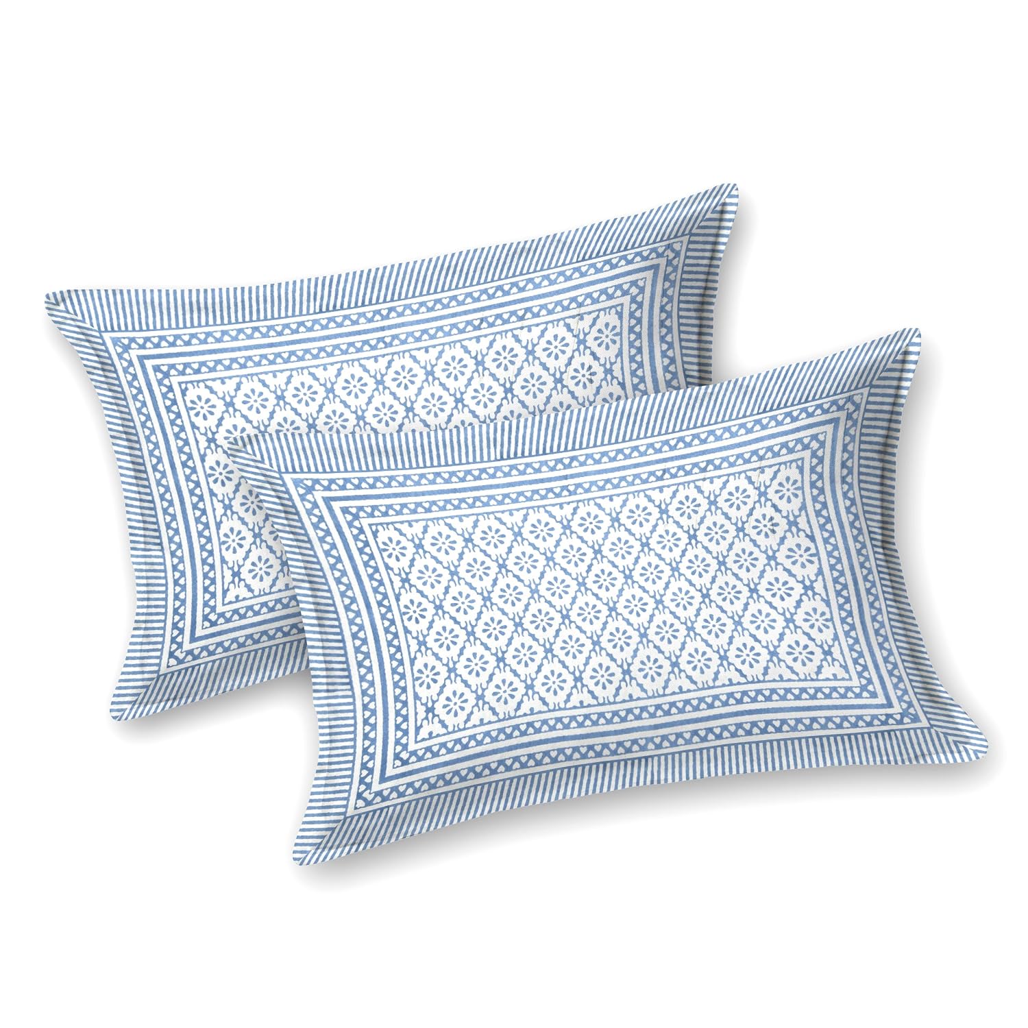 Pure Cotton King Size Bedsheet 2 Matching Pillow Covers | 100x108 Inches, White & Sky Blue | Traditional Jaipuri Printed Bedsheet | Ideal Wedding Gift, Housewarming, Special Occasion Surprise
