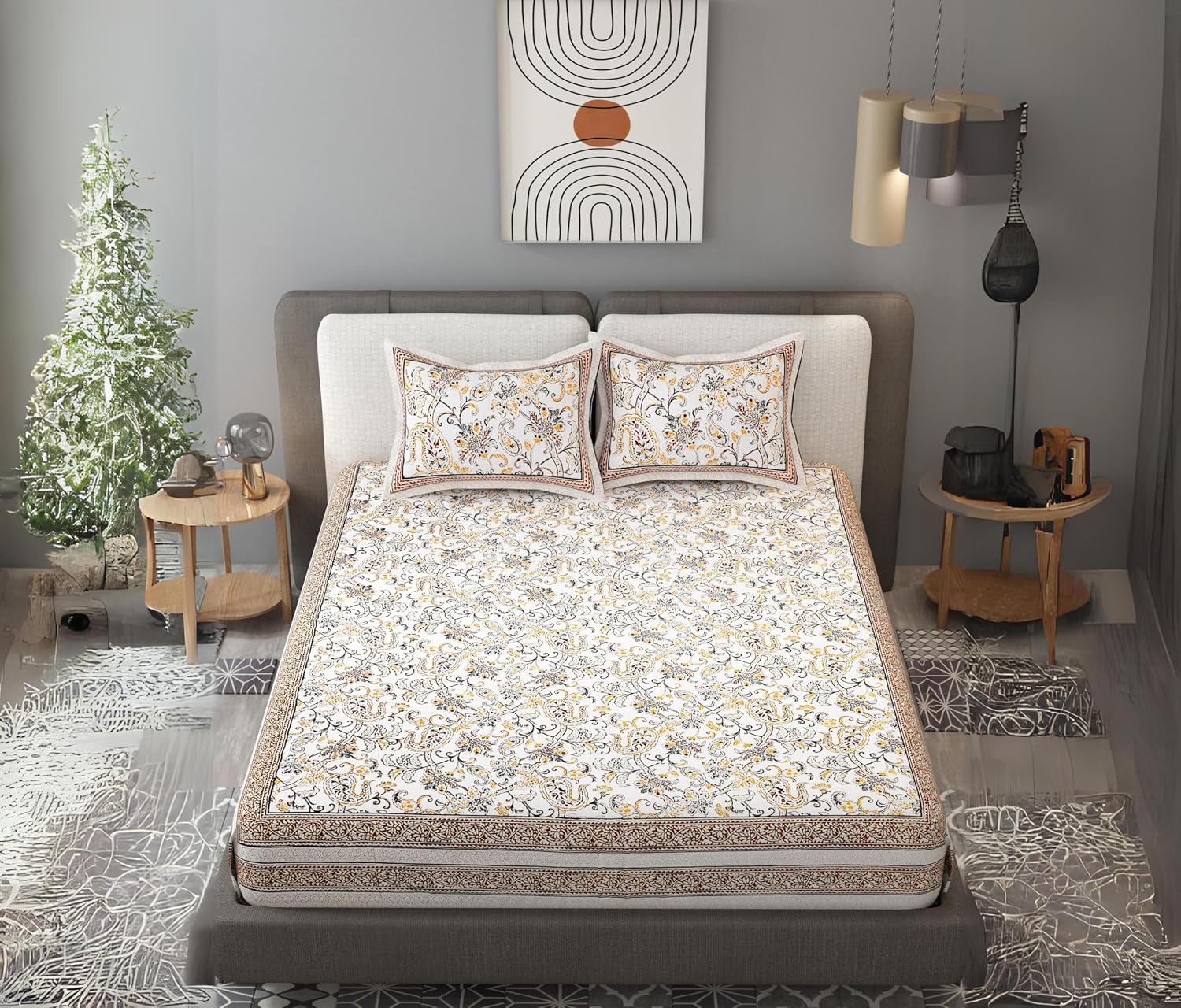 100% Cotton Jaipuri Bedsheet For King Size (90 X 103 Inches, Cream & Brown) With 2 Pillow Covers | Perfect For Everyday Use, Guest Rooms, Or Gifting On Special Occasions