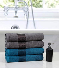 Fash Home International 500 Gsm | 100% Cotton Highly Absorbent Super Luxury Large Couple Bath Towel Set Combo Pack Of 4 (Grey & Teal)
