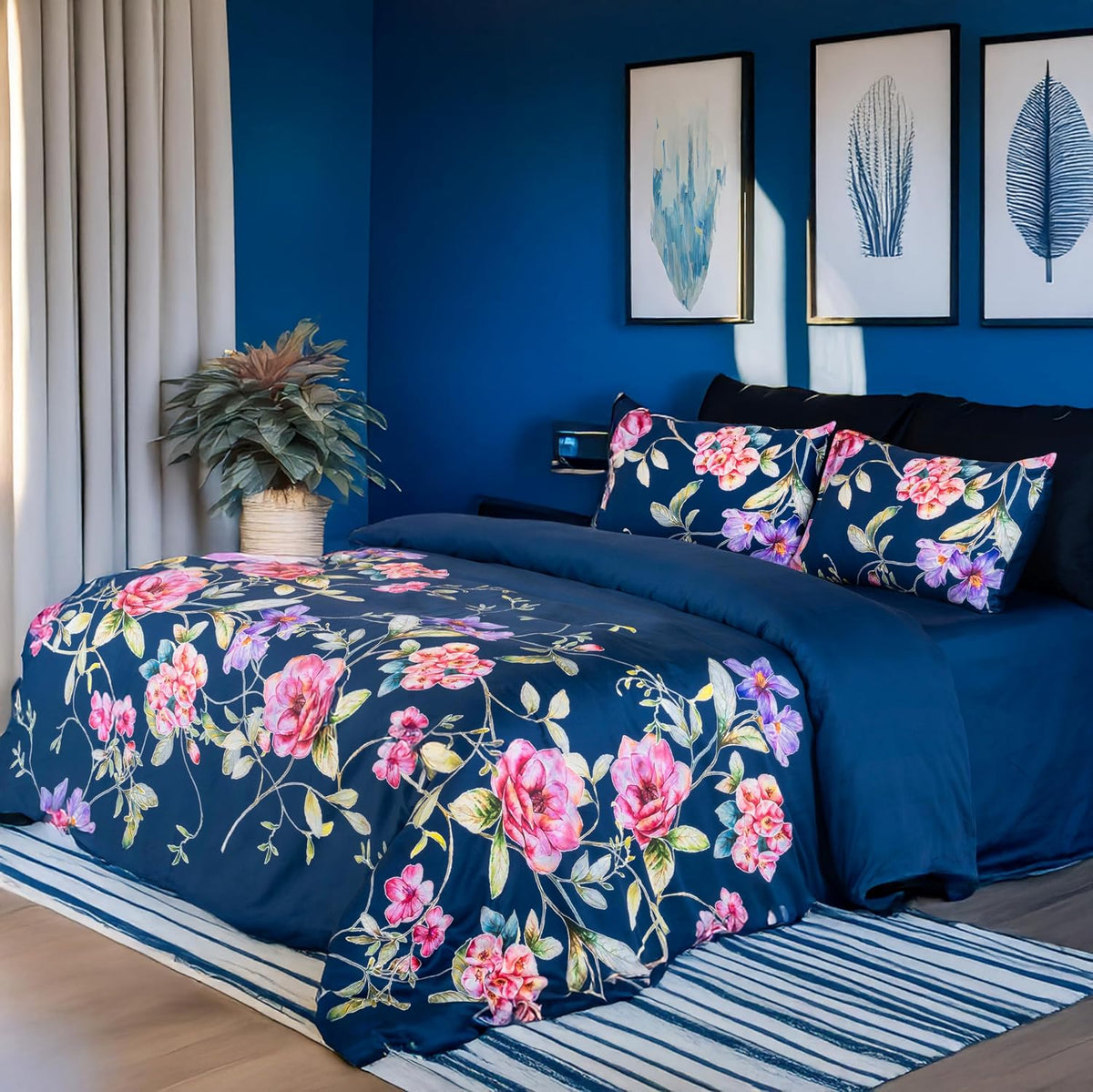 Printed Cotton Bedsheet For King Size With 2 Pillow Cover | 108 X 108 Inches, Dark Blue | Wrinkle Free Soft Perfect For Everyday Use