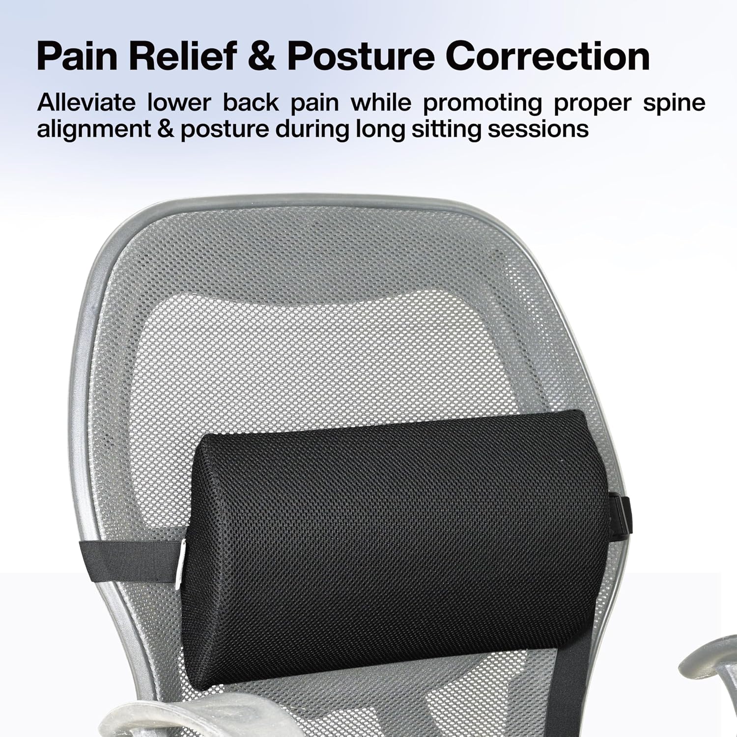 Lumbar Support Roll For Back Pain Relief, Back Support & Posture Correction, Black | Slim, Versatile Cushion For Office, Car & Travel With Adjustable Strap | Cooling, Lightweight