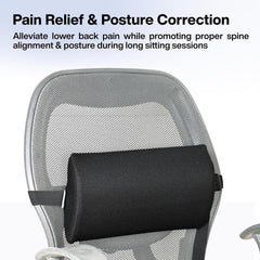 Lumbar Support Roll For Back Pain Relief, Back Support & Posture Correction, Black | Slim, Versatile Cushion For Office, Car & Travel With Adjustable Strap | Cooling, Lightweight