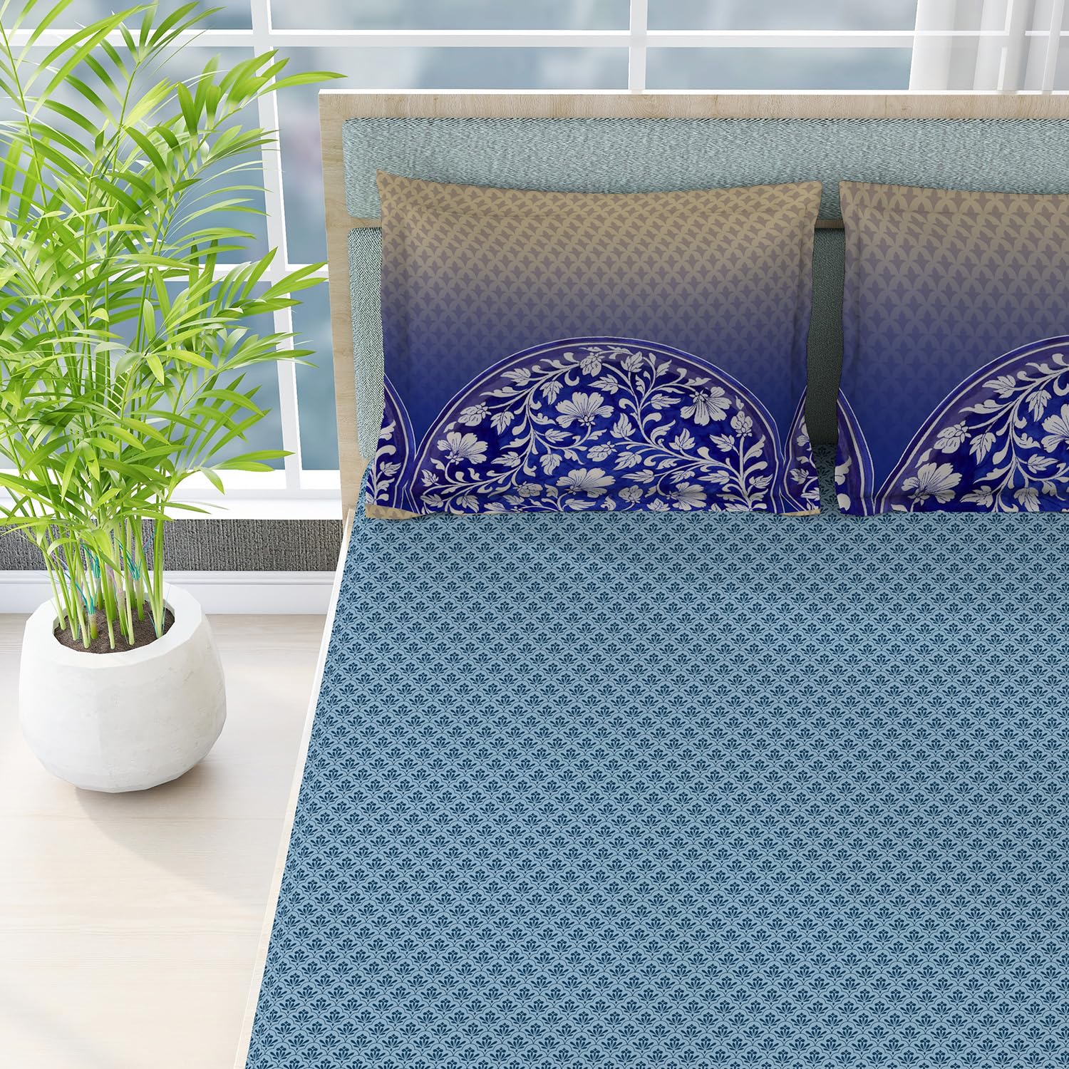 100% Cotton Bedsheet Set For Double Bed - 108 X 108 Inches, Blue | 1 Double Bed Sheet & 2 Pillow Covers - Gift For Weddings Or Birthdays King Size
