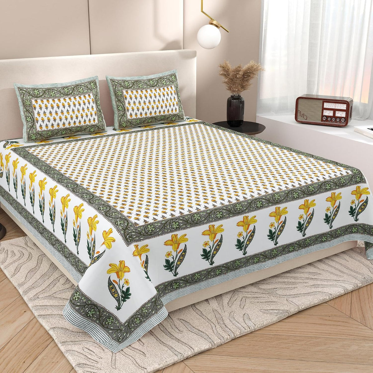 1 Queen Size Bedsheet For Double Bed With 2 Pillow Covers (90 X 108 Inches) White & Yellow | Beautiful Printed Designs - Breathable 100% Cotton Bedsheet Comfortable