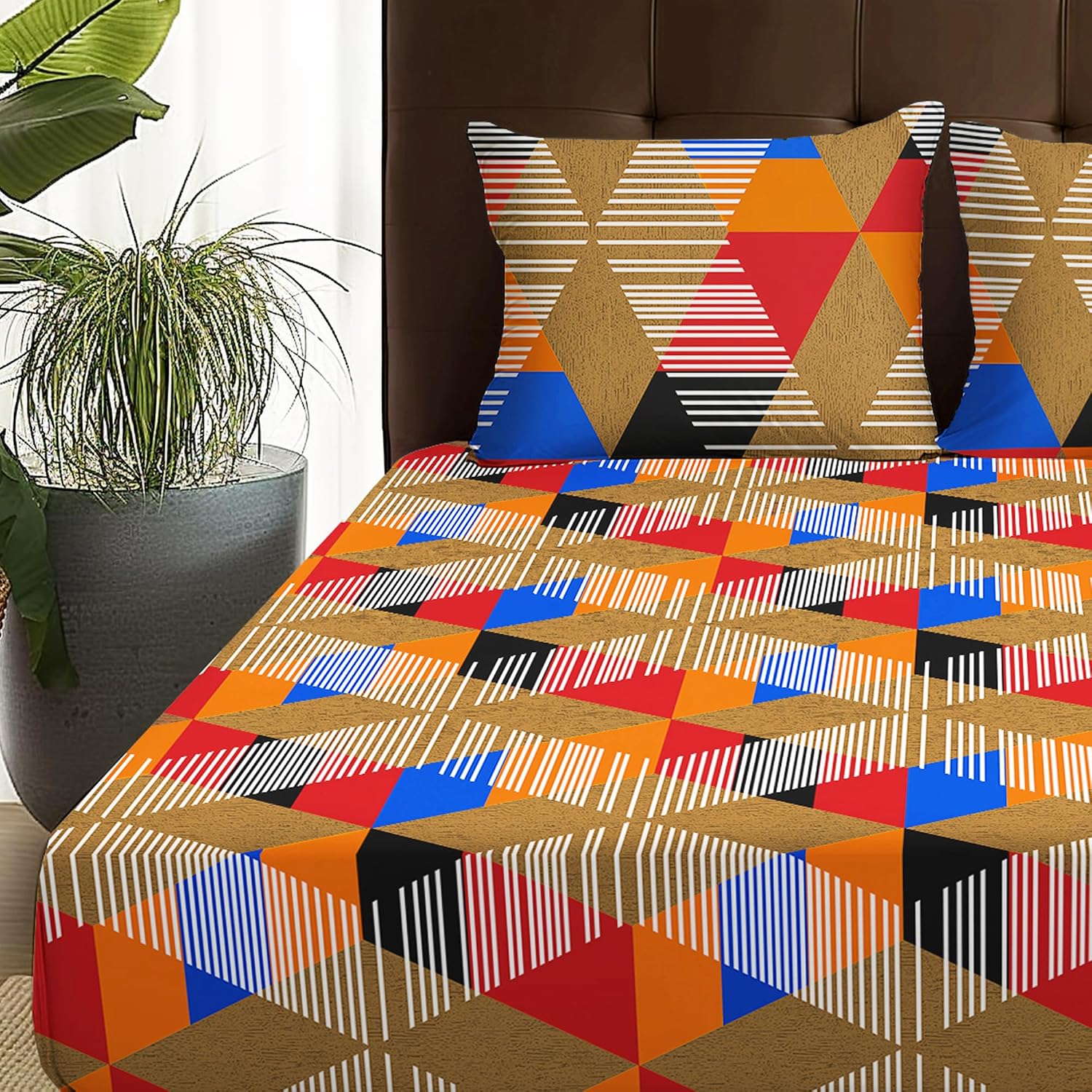 Queen Size Bedsheet With 2 Matching Pillow Covers - 88 X 100 Inches, Multicolor | All Around Elastic Fitted Breathable & Soft Touch Bedsheet