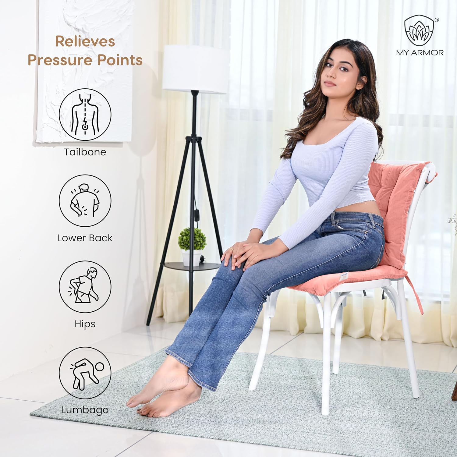 Square Chair Pads Cushion, For Comfortable Sitting, Peach Color - 40 X 40 Cm | Seat Cushions With Ties For Sitting, Pooja, Dining & Office Table | Furniture Cushion, Washable - Pack Of 1