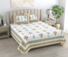 1 Queen Size Bedsheet For Double Bed With 2 Pillow Covers (90 X 108 Inches) White & Yellow | Beautiful Printed Designs - Breathable 100% Cotton Bedsheet Comfortable