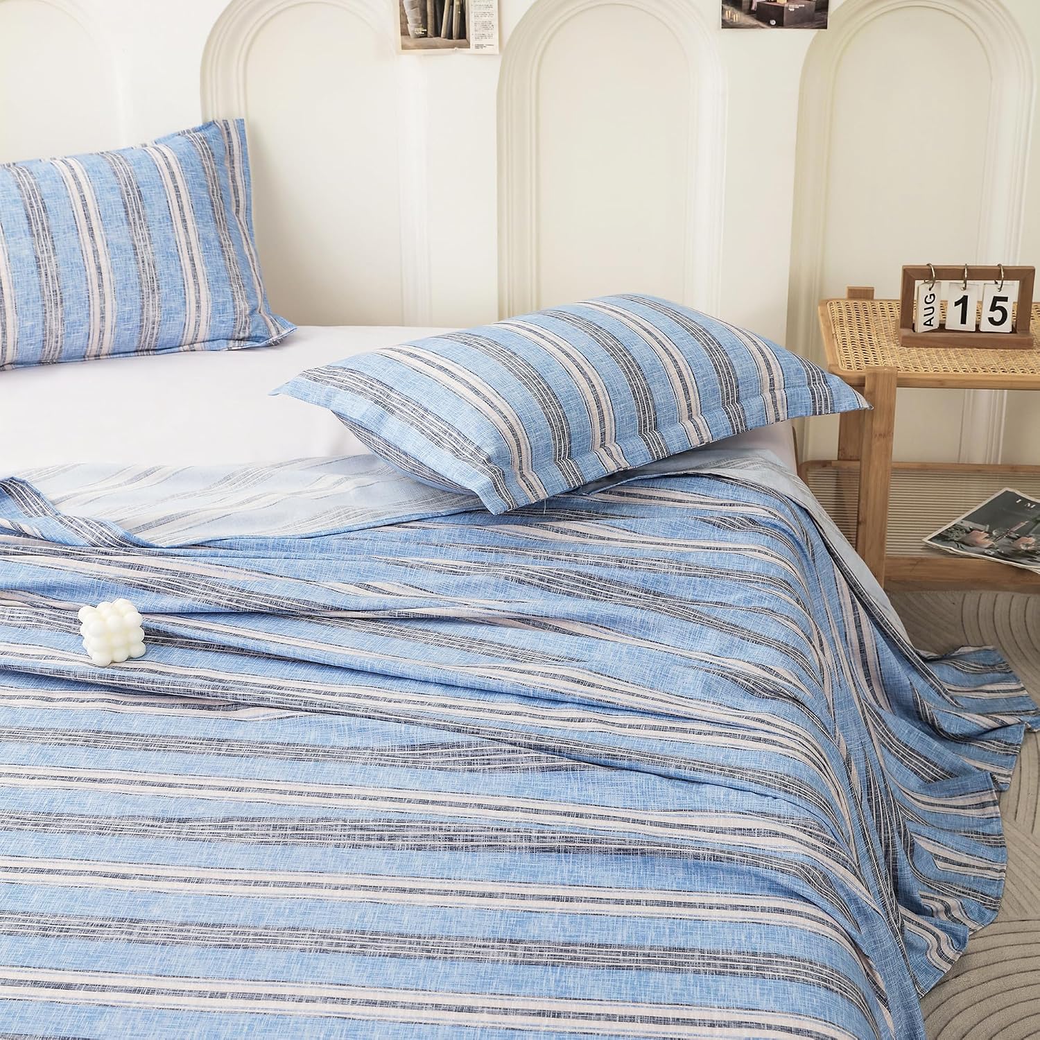 King Size Bedsheet With 2 Pillow Covers - 98 X 106 Inches, Light Blue & Cream | Summer Breathable & Wrinkle Free | Bedsheet Long Lasting & Soft To Touch