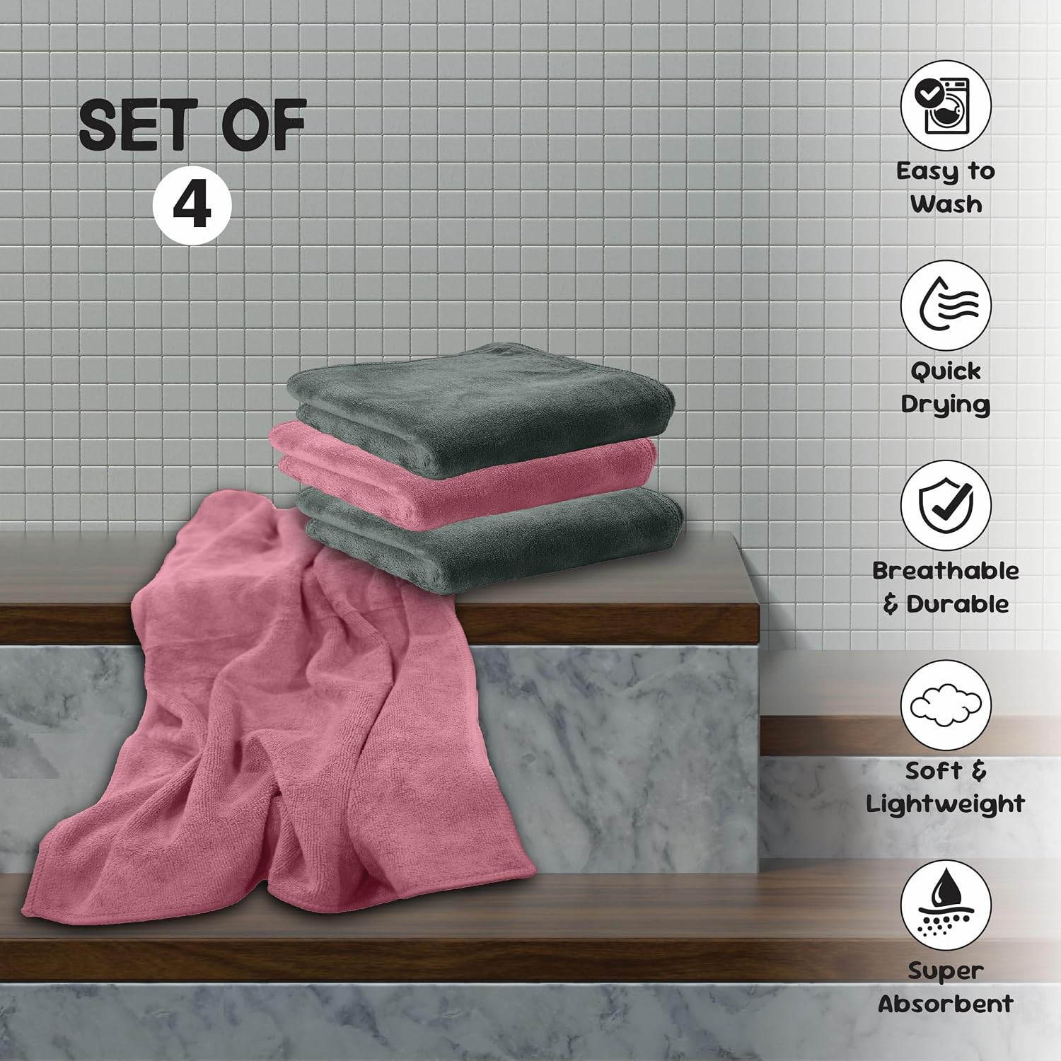 Housse Microfiber Hand Towel 800 Gsm | Premium Quality Towels Ultra Absorbent & Anti-Bacterial For Gym (Dusty Olive & Dusky Orchid) - Pack Of 4