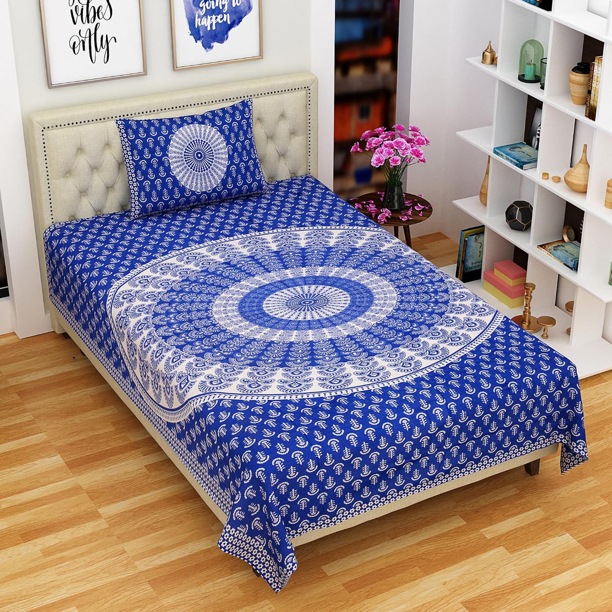 Traditional Jaipuri Single Bedsheet With 1 Pillow Cover - 56 X 86 Inches, Blue & White | Good Gifting Idea For Diwali | Skin Friendly Fabric With Vibrant Colors