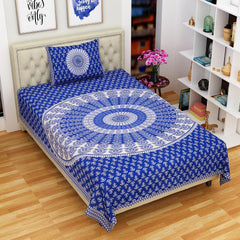 Traditional Jaipuri Single Bedsheet With 1 Pillow Cover - 56 X 86 Inches, Blue & White | Good Gifting Idea For Diwali | Skin Friendly Fabric With Vibrant Colors
