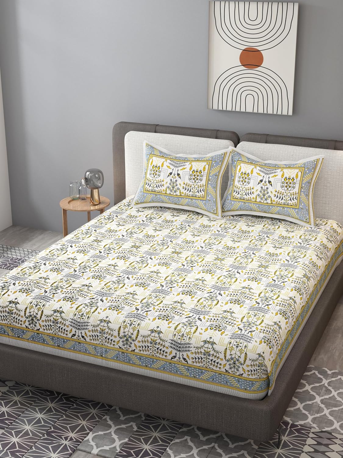100% Cotton Jaipuri Bedsheet For King Size (90 X 103 Inches, Yellow & Grey) With 2 Pillow Covers | Perfect For Everyday Use, Guest Rooms, Or Gifting On Special Occasions