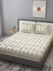 100% Cotton Jaipuri Bedsheet For King Size (90 X 103 Inches, Yellow & Grey) With 2 Pillow Covers | Perfect For Everyday Use, Guest Rooms, Or Gifting On Special Occasions