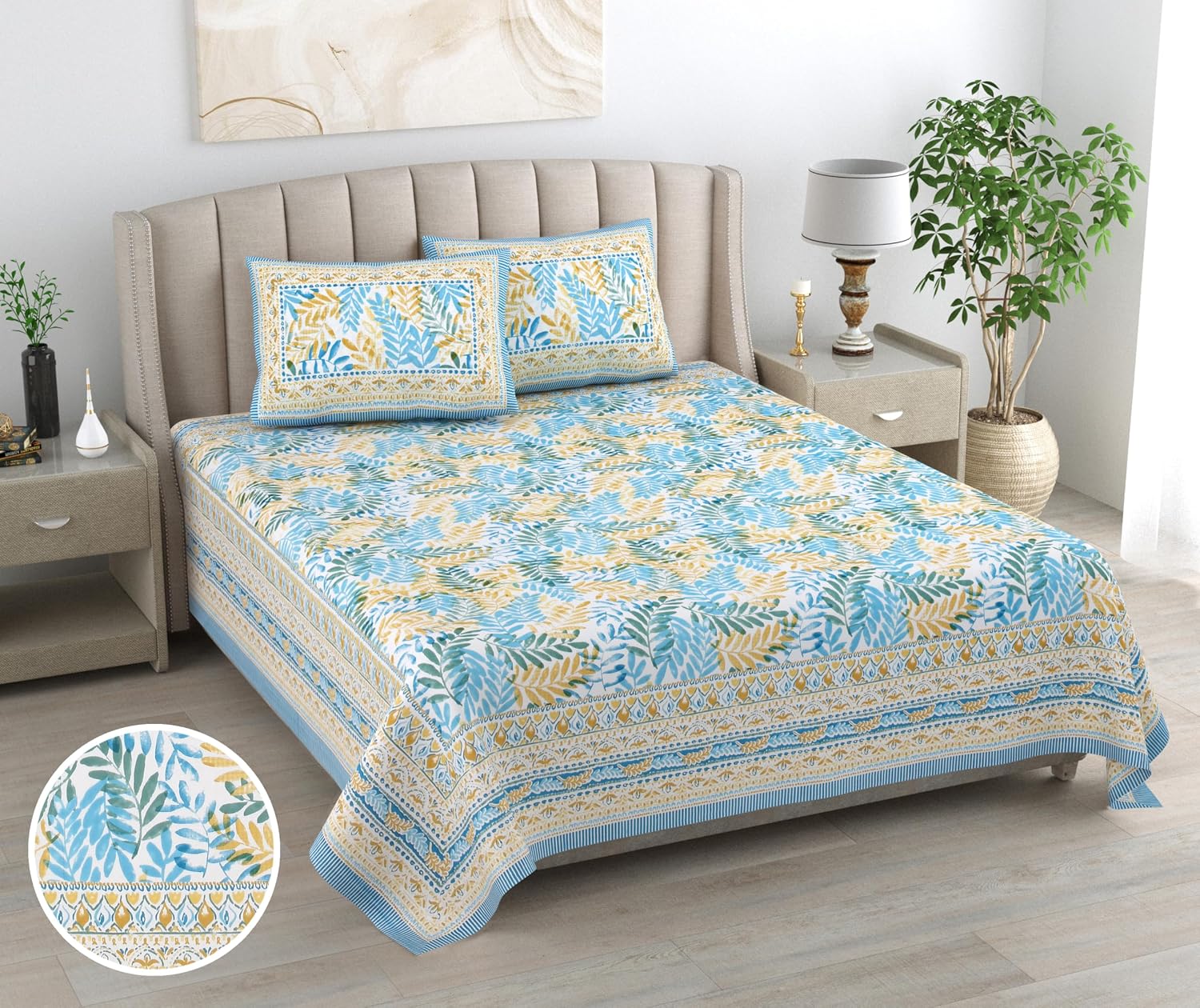 Jaipuri Cotton Bedsheet For King Size With 2 Pillow Covers | 90 X 108 Inches, Sky Blue & Yellow | Ultra-Soft & Skin-Safe | Breathable Summer Comfort