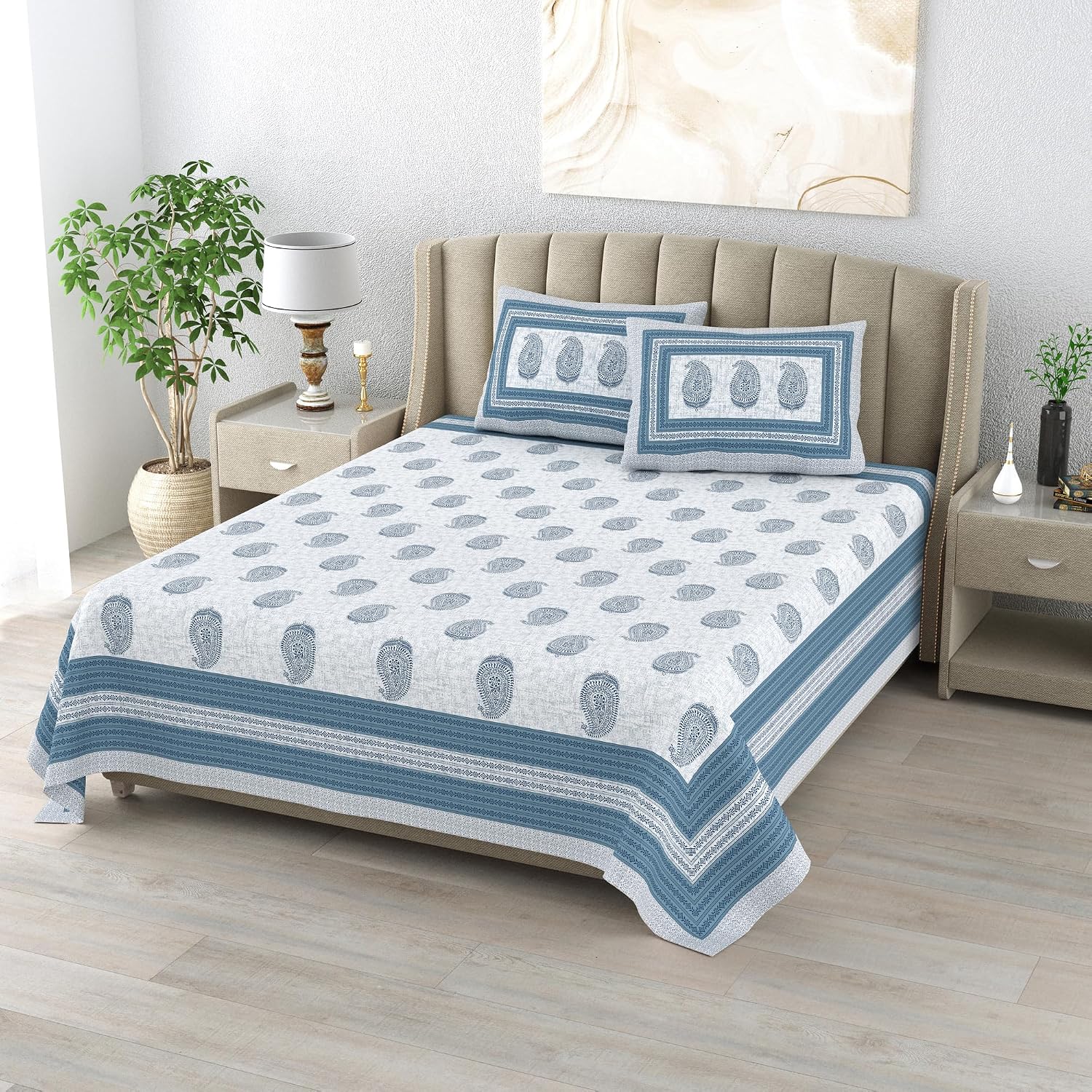 Cotton King Size Bedsheet With 2 Matching Pillow Covers - 90 X 108 Inches, Blue & Grey | Designer Printed Bedsheet Set - Naturally Soft, Breathable, & Skin-Friendly