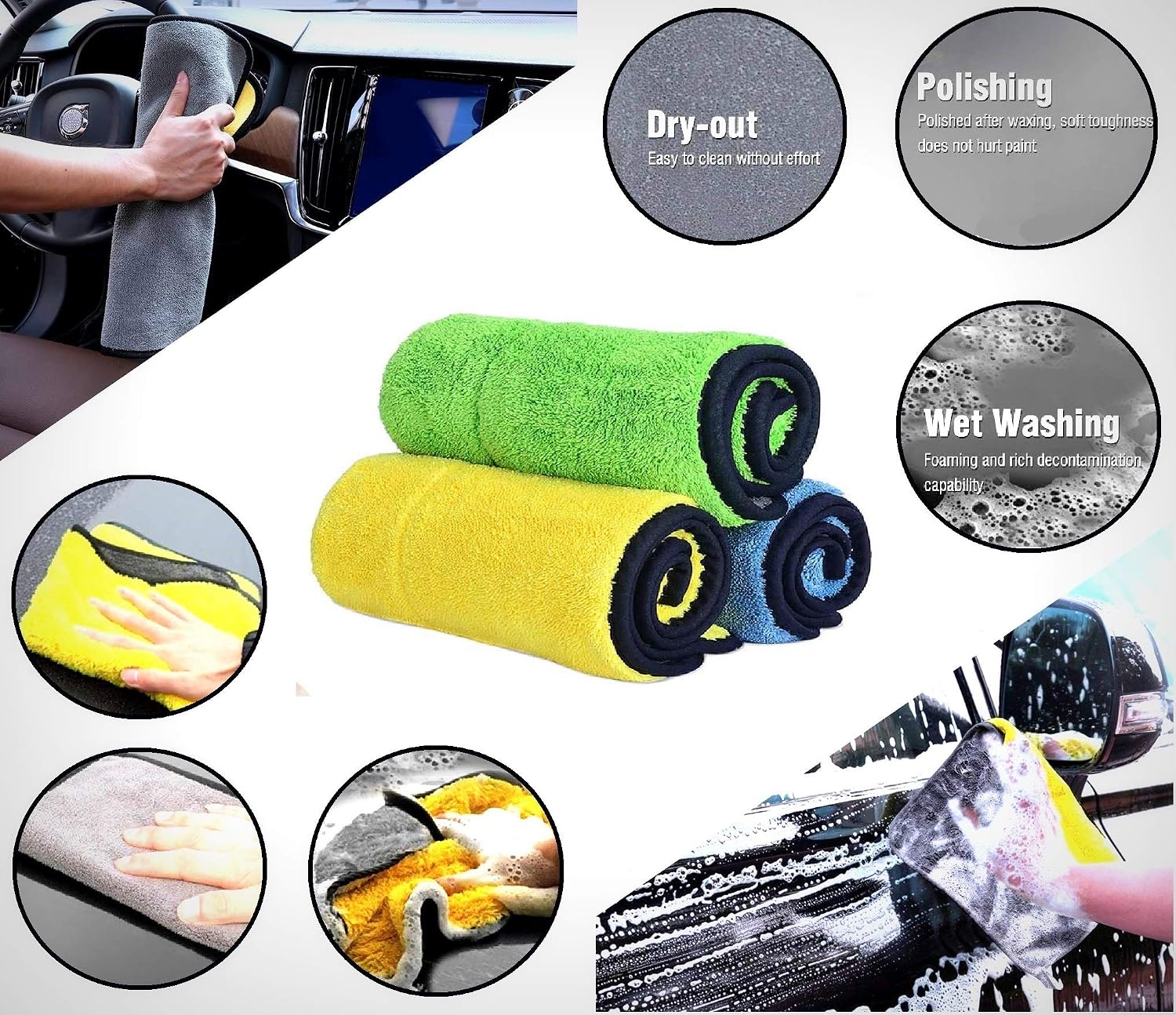 Auto Hub Microfiber Cloth 600 Gsm | Ultra Soft- Edgless & Dual Sided Microfiber Cloth Lint & Streakfree Car Cleaning Cloth - Blue, Yellow & Green (Pack Of 3)