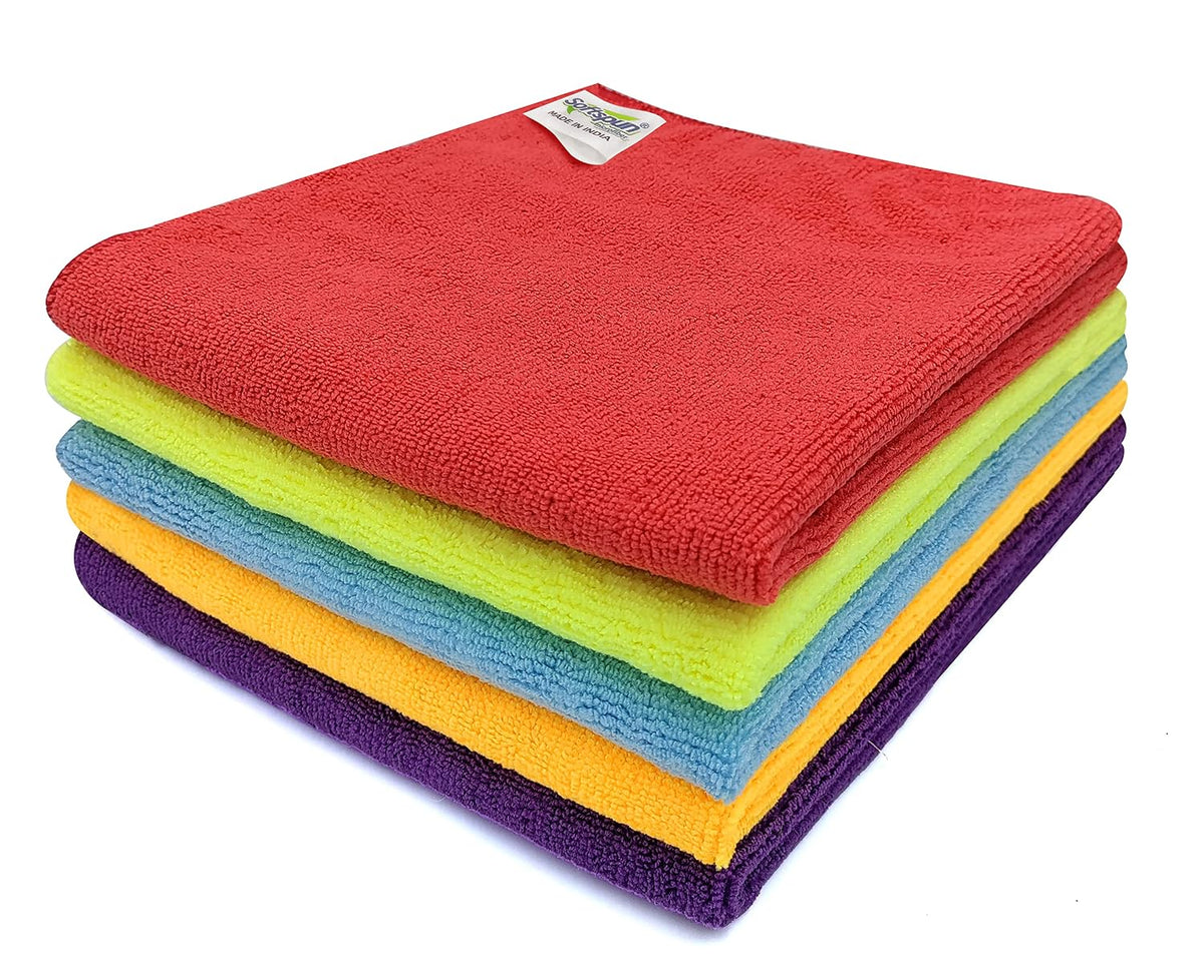 Softspun Microfiber Cleaning Cloths Towel 300 Gsm | Thick Lint & Streak-Free Multipurpose Cloths Automotive Microfibre Towels For Car, Bike Cleaning Polishing Washing Pack Of 5 (Multi-Color)