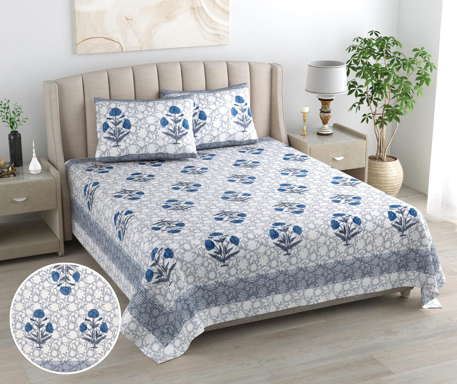 Printed Cotton Double Bedsheet For King Size With 2 Pillow Covers (95 X 108 Inches) Blue & Grey | 240 Thread Count - Pure Cotton Natural Fabric & Skin-Safe | Extra Soft & Wrinkle Free