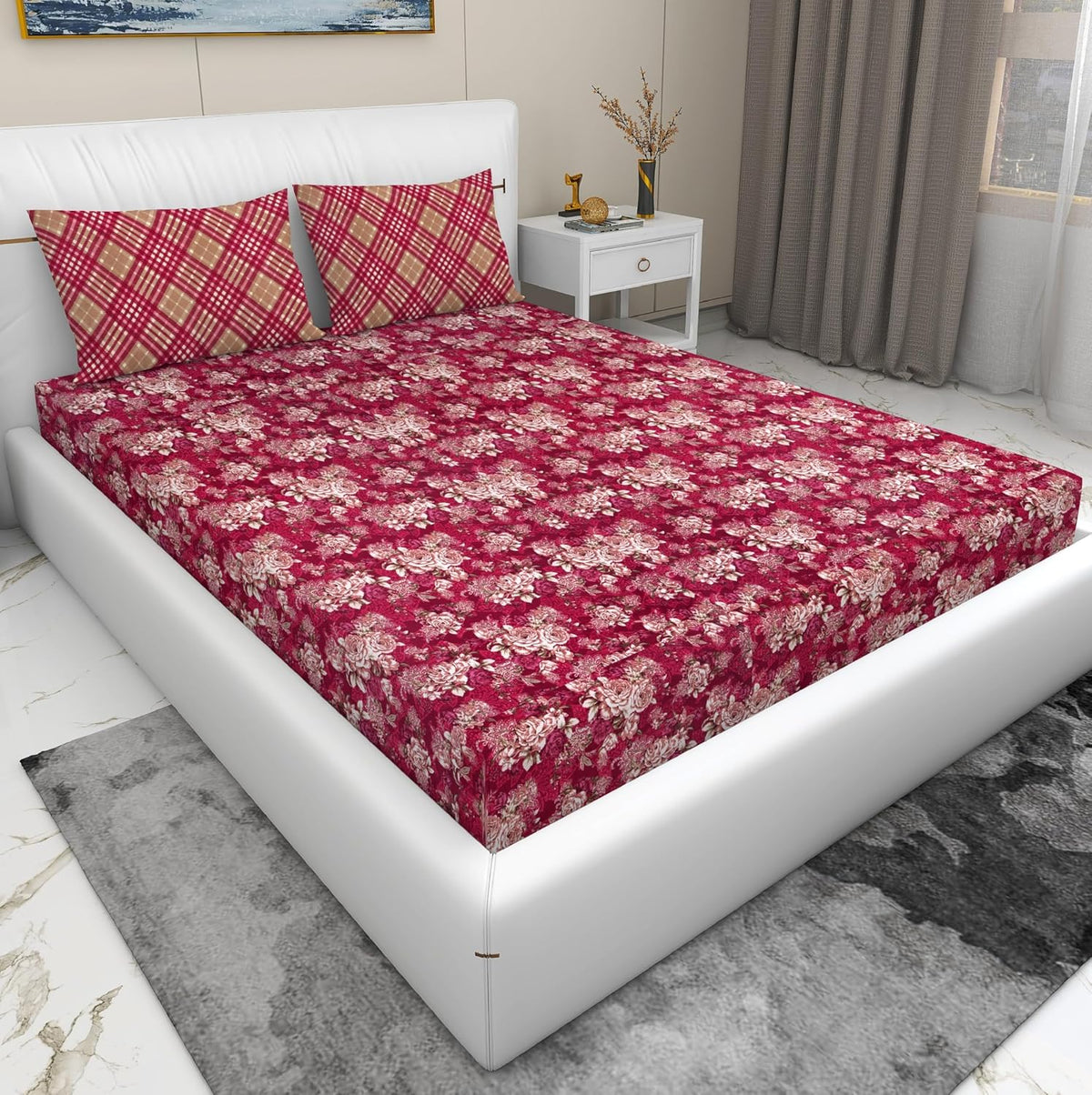 Super Soft Cotton Feel Bedsheet For Double Bed King Size With 2 Pillow Covers | 100 X 108 Inches, Red & Gold | Perfect For All Season Comfort