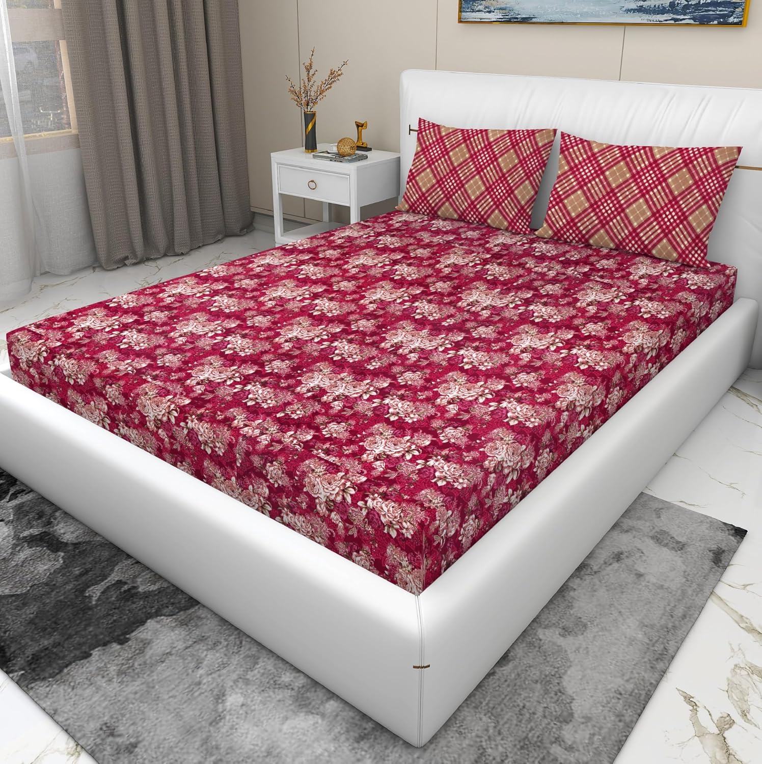 Super Soft Cotton Feel Bedsheet For Double Bed King Size With 2 Pillow Covers | 100 X 108 Inches, Red & Gold | Perfect For All Season Comfort