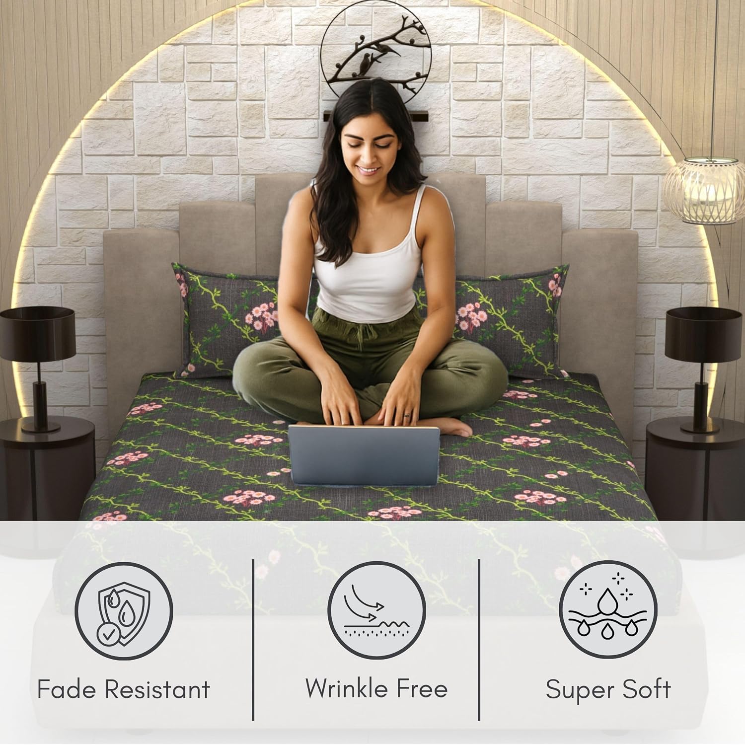 Bedsheet For Queen Size Bed With 2 Pillow Covers - 90 X 100 Inches, Dark Grey & Green | Soft, Breathable, Wrinkle Free & Fade Resistant