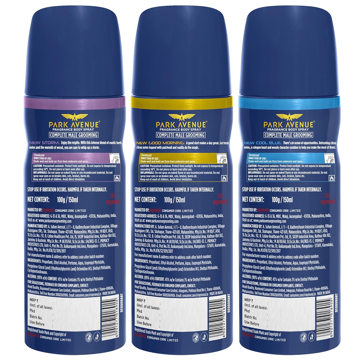 PARK AVENUE STORM + GOOD MORNING + COOL BLUE DEODORANT BODY SPRAY FOR MEN 150ML 5.0 FL.OZ. EACH PACK OF 3