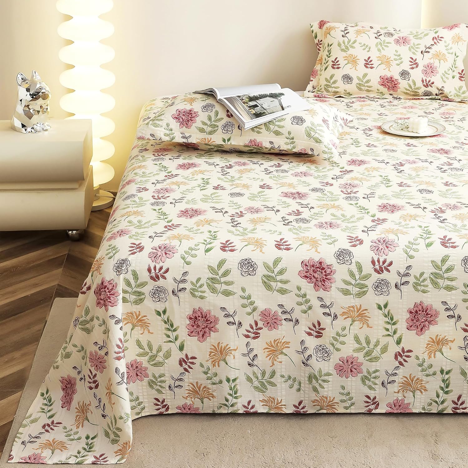 Flat Bedsheet For King Size With Two Pillow Covers - 100 X 108 Inches, Off White & Pink | Super Soft Bed Sheet For King Size Bed | Floral Design