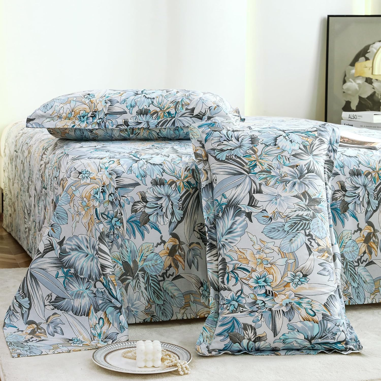 Bedsheet For Double Bed Cotton With 2 Pillow Covers, Grey & Blue - Queen Size 88 X 100 Inches | 190 Thread Count - Ideal For Festive Occasions