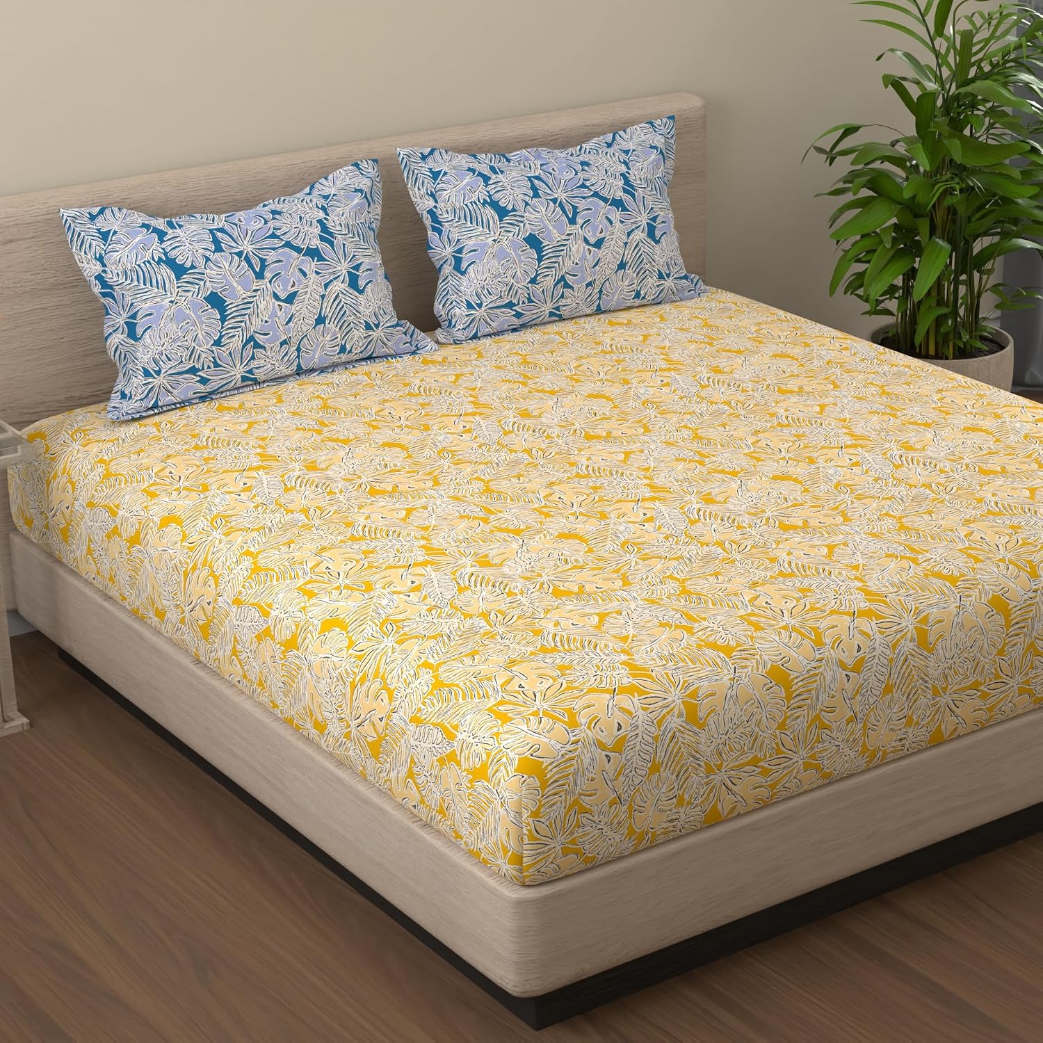 Bedsheet For Queen Size - 88 X 96 Inches, With 2 Pillow Covers, Yellow & Blue | Ideal For Daily Use & Gifting Bedsheet | Designer Printed Bedsheet Set