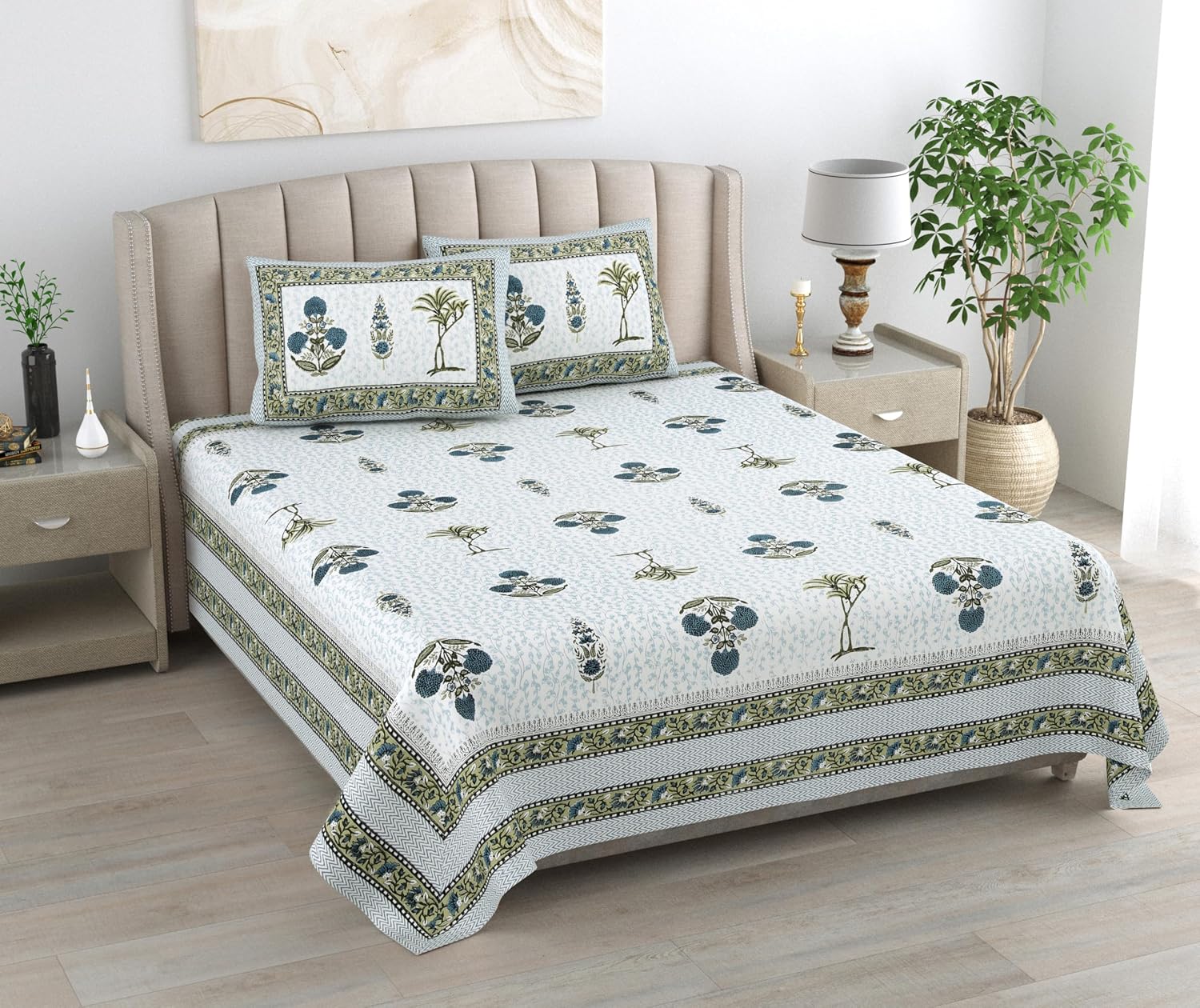 1 Queen Size Bedsheet For Double Bed With 2 Pillow Covers (90 X 108 Inches) Blue & Green | Premium Cotton Material - Ideal For House, Hotel, Guest House