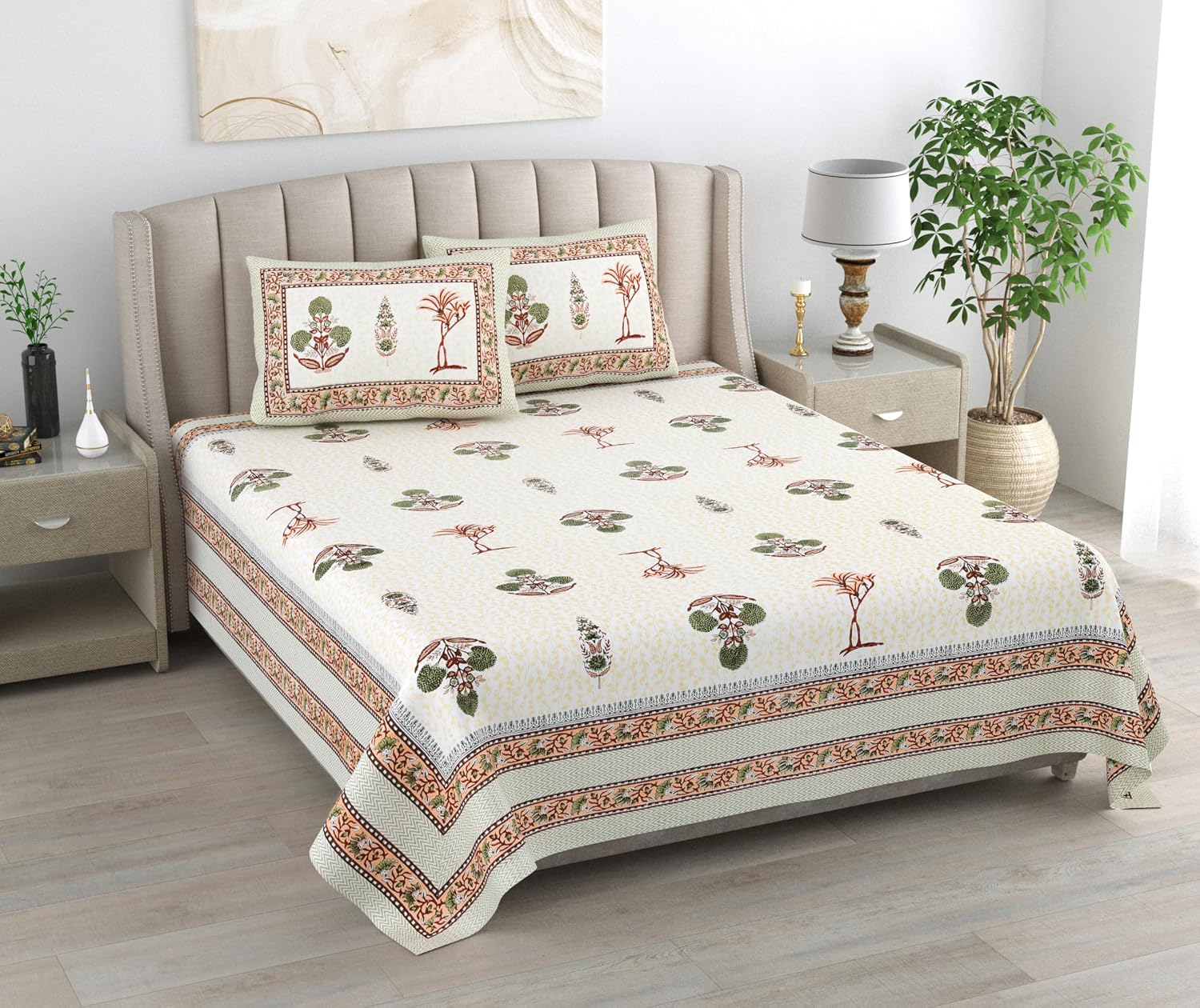 1 Queen Size Bedsheet For Double Bed With 2 Pillow Covers (90 X 108 Inches) Yellow & Green | Premium Cotton Material - Ideal For House, Hotel, Guest House