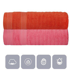 Casa Copenhagen Designed In Denmark Elegance Super Soft 2 Pieces 100% Cotton Large Bath Towel 610 Gsm - Pink & Orange