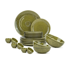 Ceramic Carving Dinner Set Of 21 Pcs, Mehndi Green | Crockery Set - Dining Sets | 6 Dinner Plates+ 6 Dinner Plates+ 6 Veg Bowls, 160ml Each+ 2 Medium Bowls, 630ml Each+ 1 Large Bowl, 1200ml