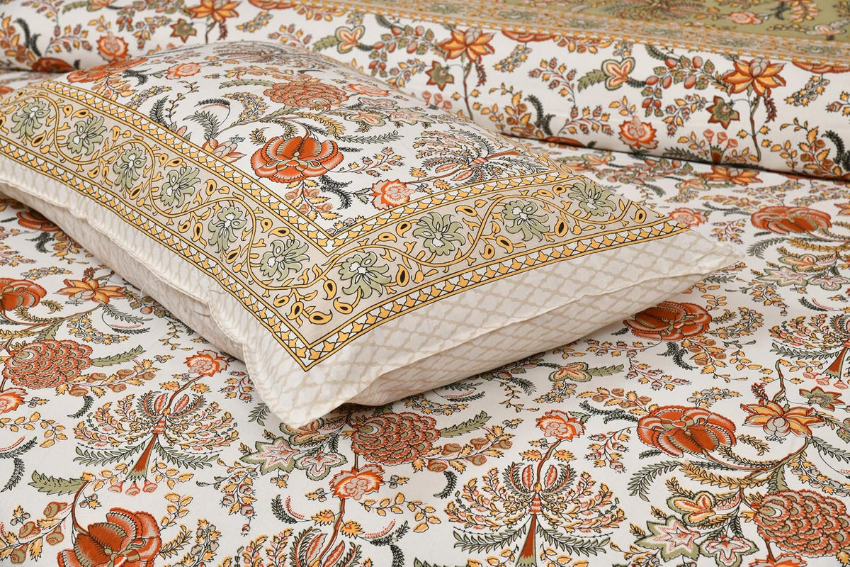 Jaipuri Bedsheet For Double Bed With 2 Pillow Covers - 90 X 108 Inches, Beige & Orange | Pure Cotton Bedsheet King Size Bed | Soft & Breathable Fabric