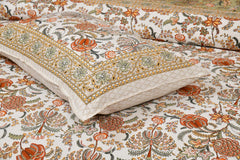 Jaipuri Bedsheet For Double Bed With 2 Pillow Covers - 90 X 108 Inches, Beige & Orange | Pure Cotton Bedsheet King Size Bed | Soft & Breathable Fabric