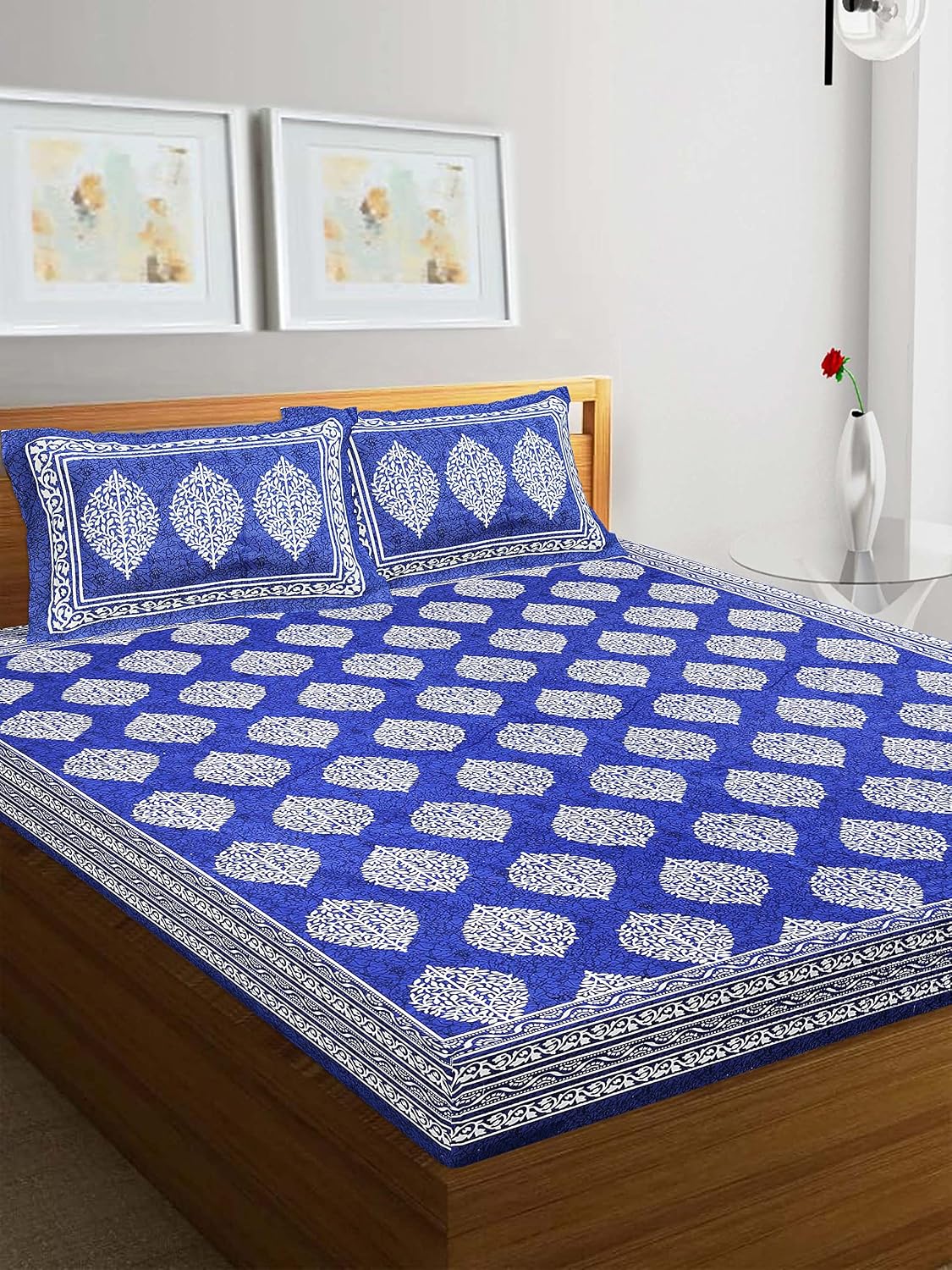 Cotton Double Bedsheet For King Size With Two Matching Pillow Covers - 90 X 94 Inches, Blue | Super Soft Breathable & Wrinkle Free