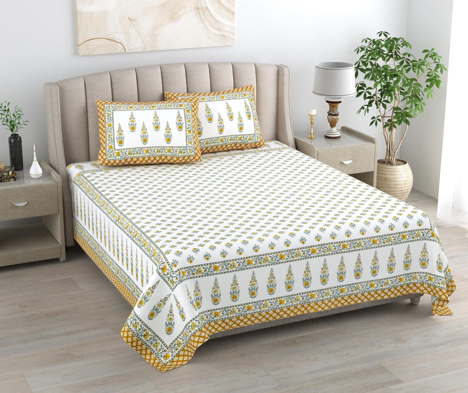 Jaipuri Cotton Double Bedsheet For Queen Size With 2 Pillow Cover (90 X 108 Inches) White & Yellow | Premium Cotton Material - Ideal For House, Hotel, Guest House