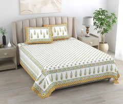 Jaipuri Cotton Double Bedsheet For Queen Size With 2 Pillow Cover (90 X 108 Inches) White & Yellow | Premium Cotton Material - Ideal For House, Hotel, Guest House
