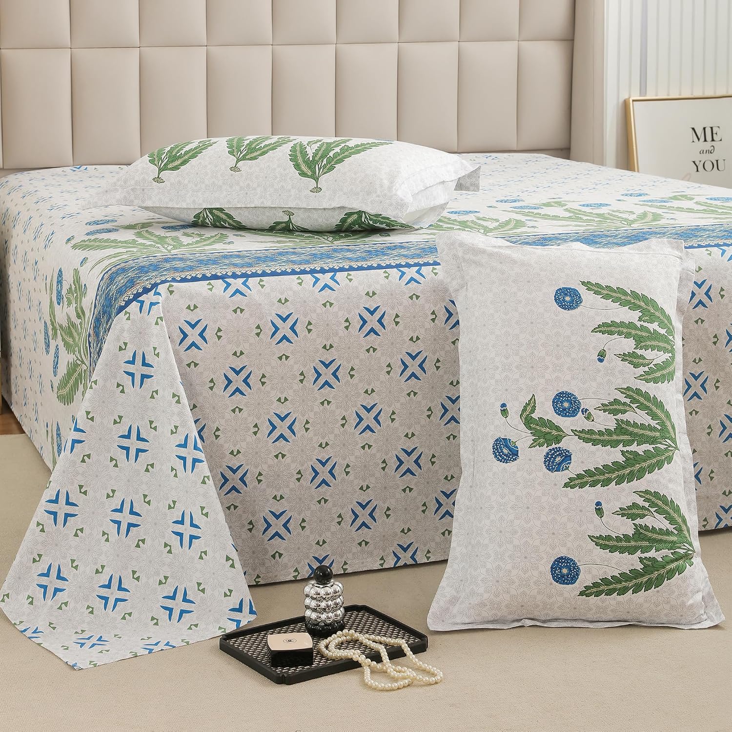1 Piece Cotton Bedsheet For King Size With 1 Pillow Cover - 108 X 108 Inches, White & Sky Blue | Soft & Durable For Everyday Use & Bedroom - All Season Comfort