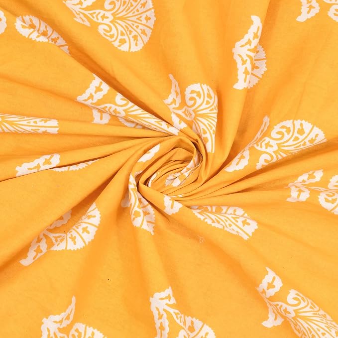 Hand Block Printed Cotton King Size Bedsheet With 2 Pillow Covers, 106 X 106 Inches, Yellow | 200 Thread Count-Good For Villas, Resorts, Guest Houses, & Daily Home Use