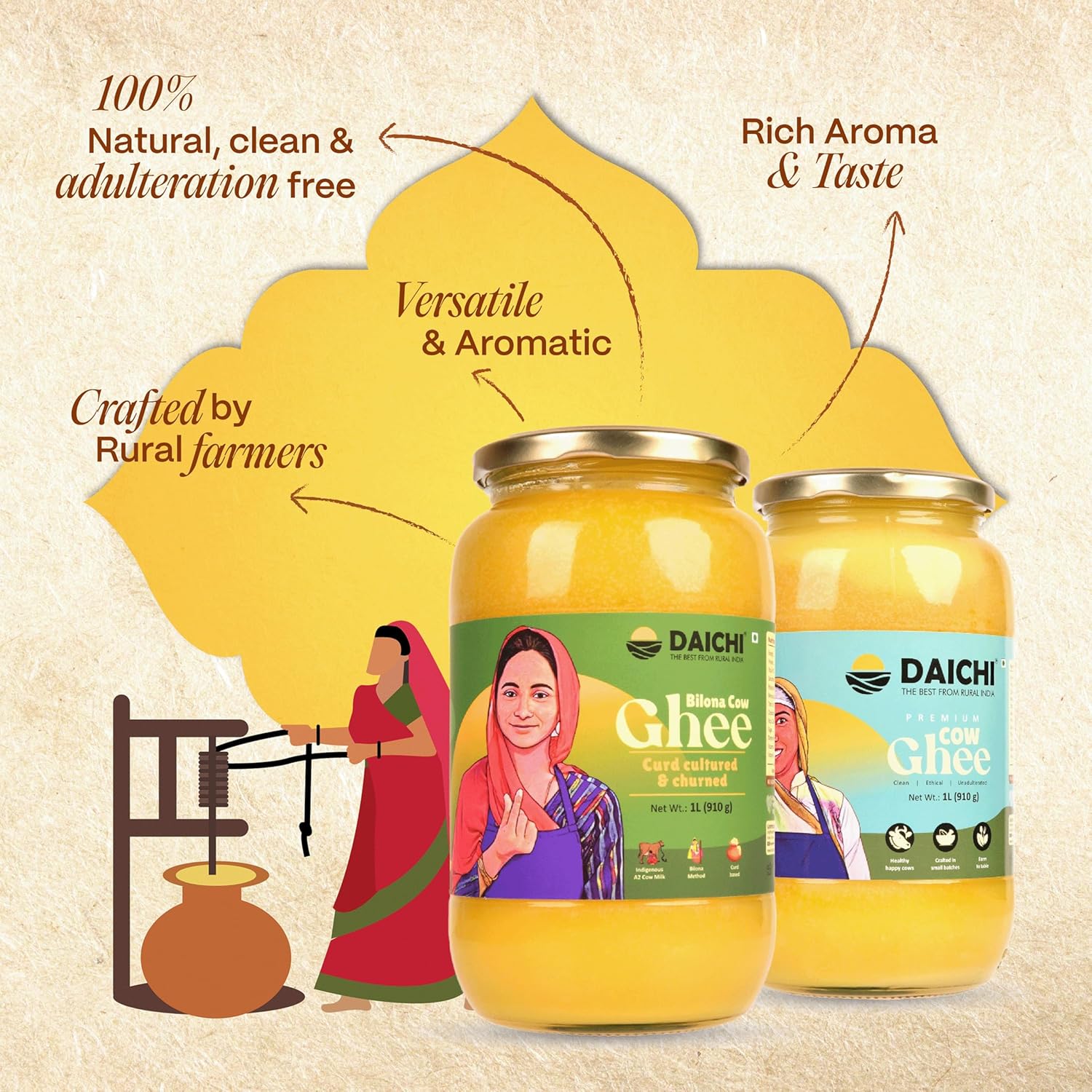 Organic Bilona Cow Ghee By Daichi | Traditional Curd Bilona Ghee Perfect For Improving Digestion | (1 Litre) 33.8 Ounce | Jar Pack