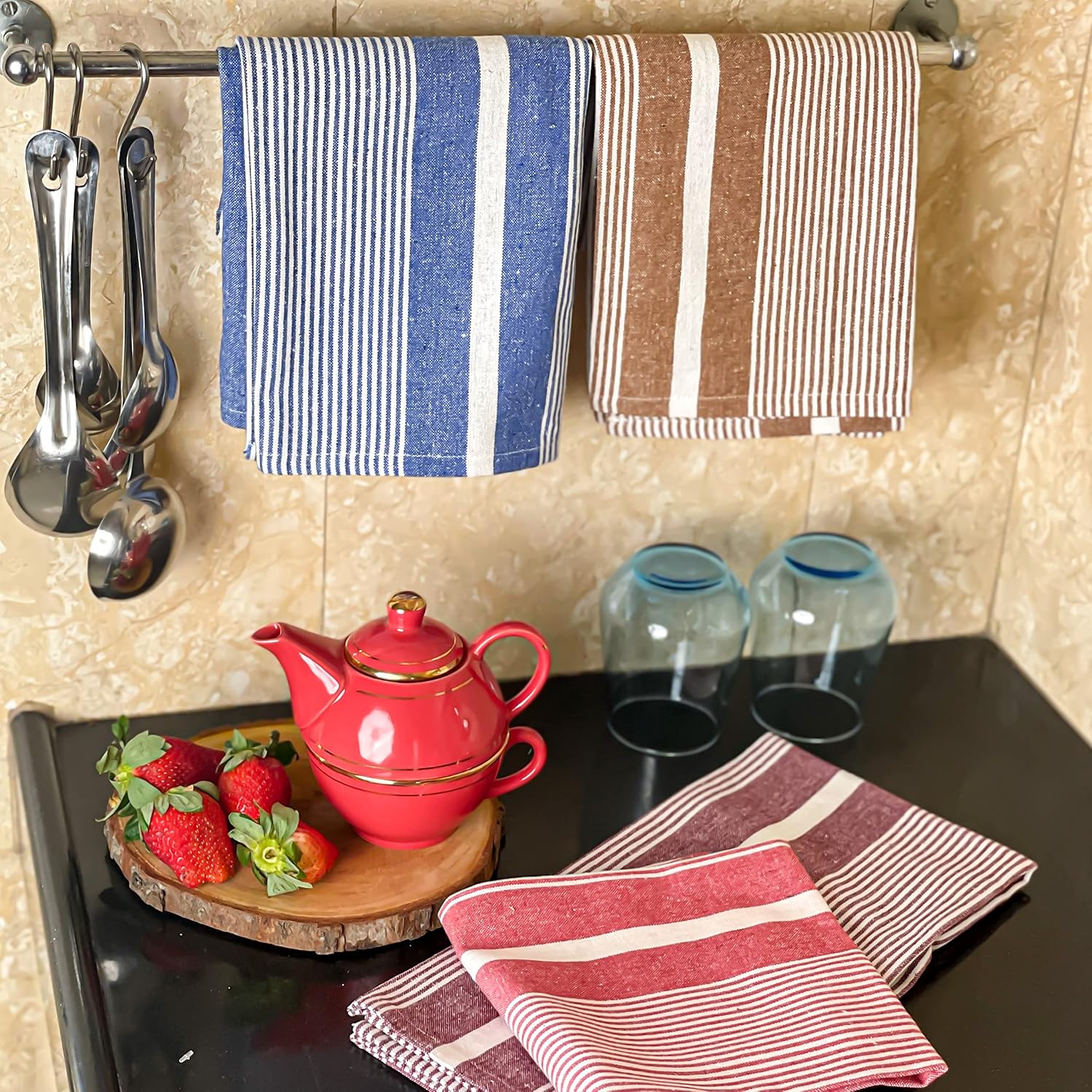 Pixel Home Large Kitchen Towels 300 Gsm | Cotton For Home Soft & Absorbent Hand Towel For Kitchen Cleaning & Quick Drying Of Plates & Glasses (Set Of 4)- Multicolour