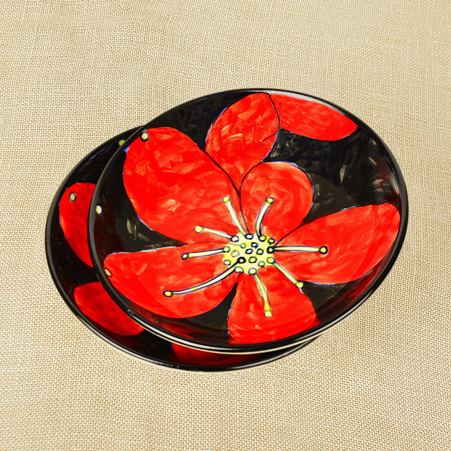 Hand Painted Ceramic Floral Round Pasta Serving Plates Set Of 2 - 8.5 Inches, Red & Black | Soup Plates - Ceramic Maggi Plates