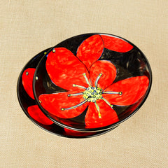 Hand Painted Ceramic Floral Round Pasta Serving Plates Set Of 2 - 8.5 Inches, Red & Black | Soup Plates - Ceramic Maggi Plates