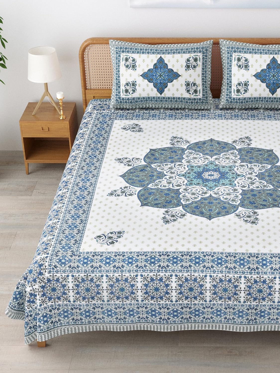 Sanskriti Bedsheet For Double Bed King Size With 2 Pillow Cover - 90 X 108 Inches, Blue & Grey | Soft, Durable & Stylish | Breathable & Skin-Friendly