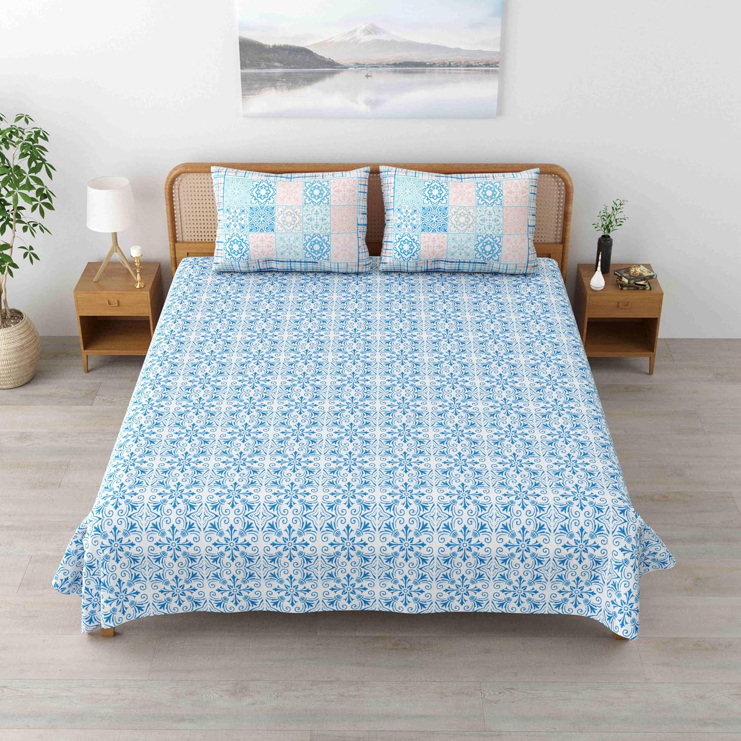 Sanskriti Bedsheet For Double Bed King Size With 2 Pillow Cover - 90 X 108 Inches, Sky Blue & White | Soft, Durable & Stylish | Breathable & Skin-Friendly