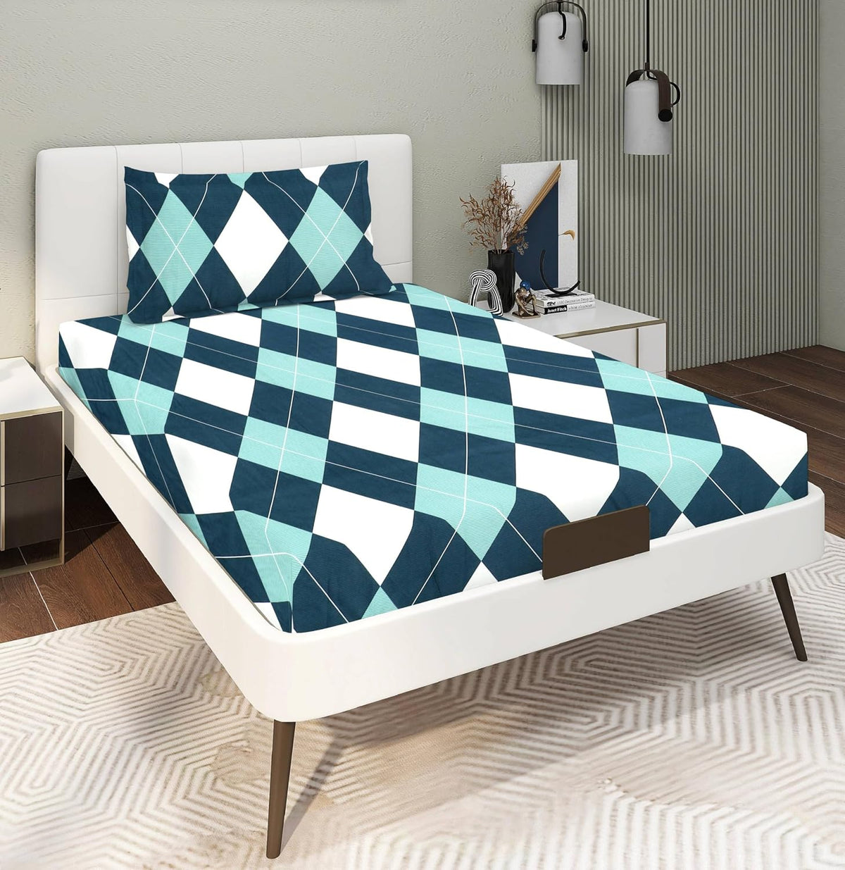 Glace Cotton Super Soft Bedsheets Single Bed Size (60 X 90 Inch) With 1 Pillow Cover | All Around Elastic Fitted Bedsheets, Green & White