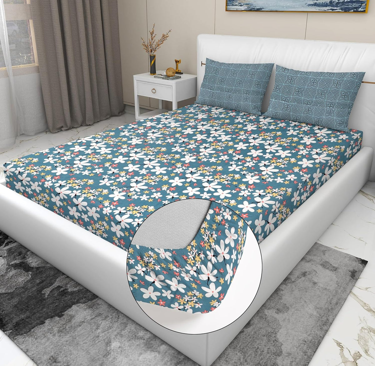Elastic Fitted Bedsheets For King Size Bed With 2 Pillow Covers - 72 X 78 X 8 Inches, Grey | Ideal For Hotel, House, Guest House