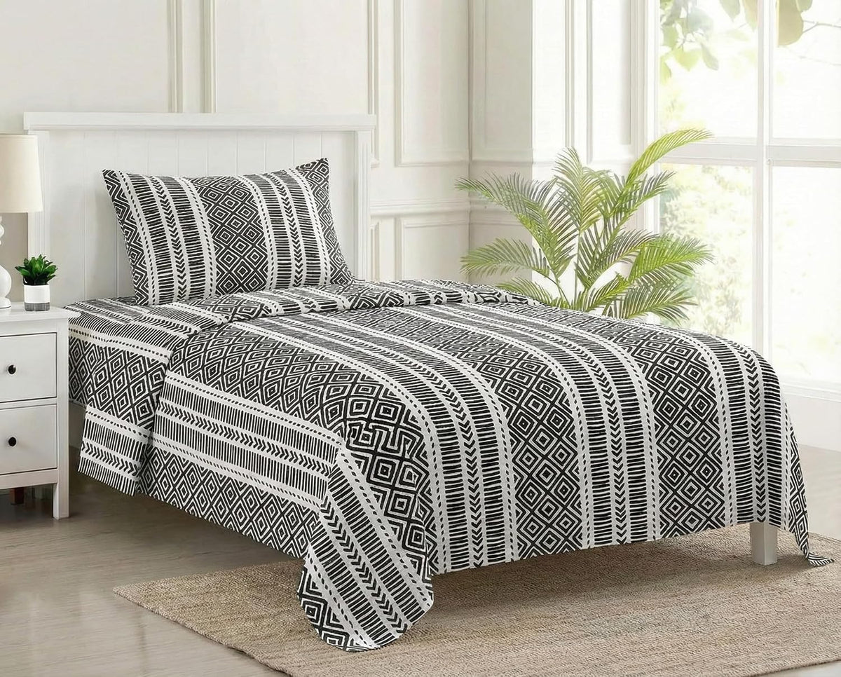 Cotton Printed Single Flat Bedsheet With 1 Pillow Cover - 60 X 100 Inches, White & Black | Breathable & Skin Friendly Bedsheet | Ideal For Year Round Use