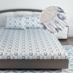 Printed King Size Double Bedsheet With 2 Pillow Cover For Bedroom | 72 X 78 Inches, Grey & Blue - All Around Elastic Fitted | Ideal For Everyday Use